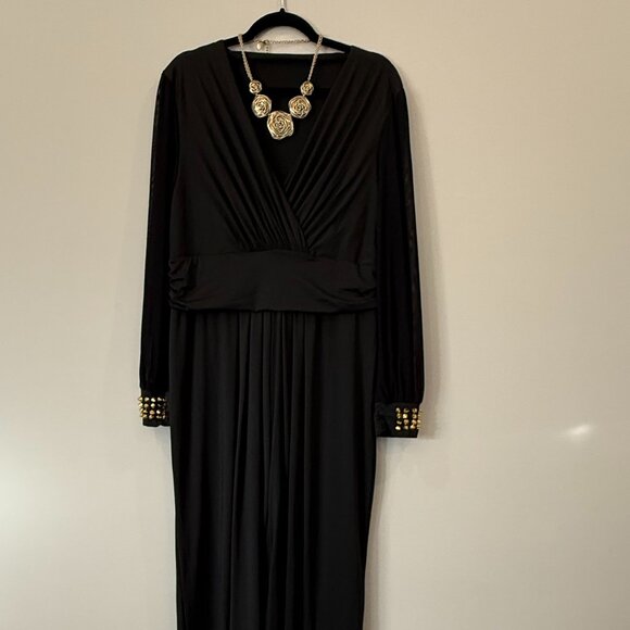 Pants - Elegant Long Sheer Sleeve Deep V-Neck Jumpsuit Wide Leg Gold Studs XL